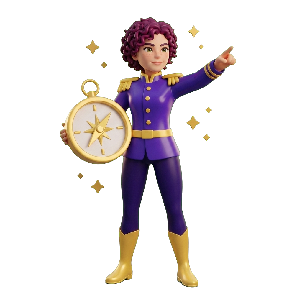 Dasha Dagayeva as the Navigator, an Everflow Academy Hero Track character holding a compass